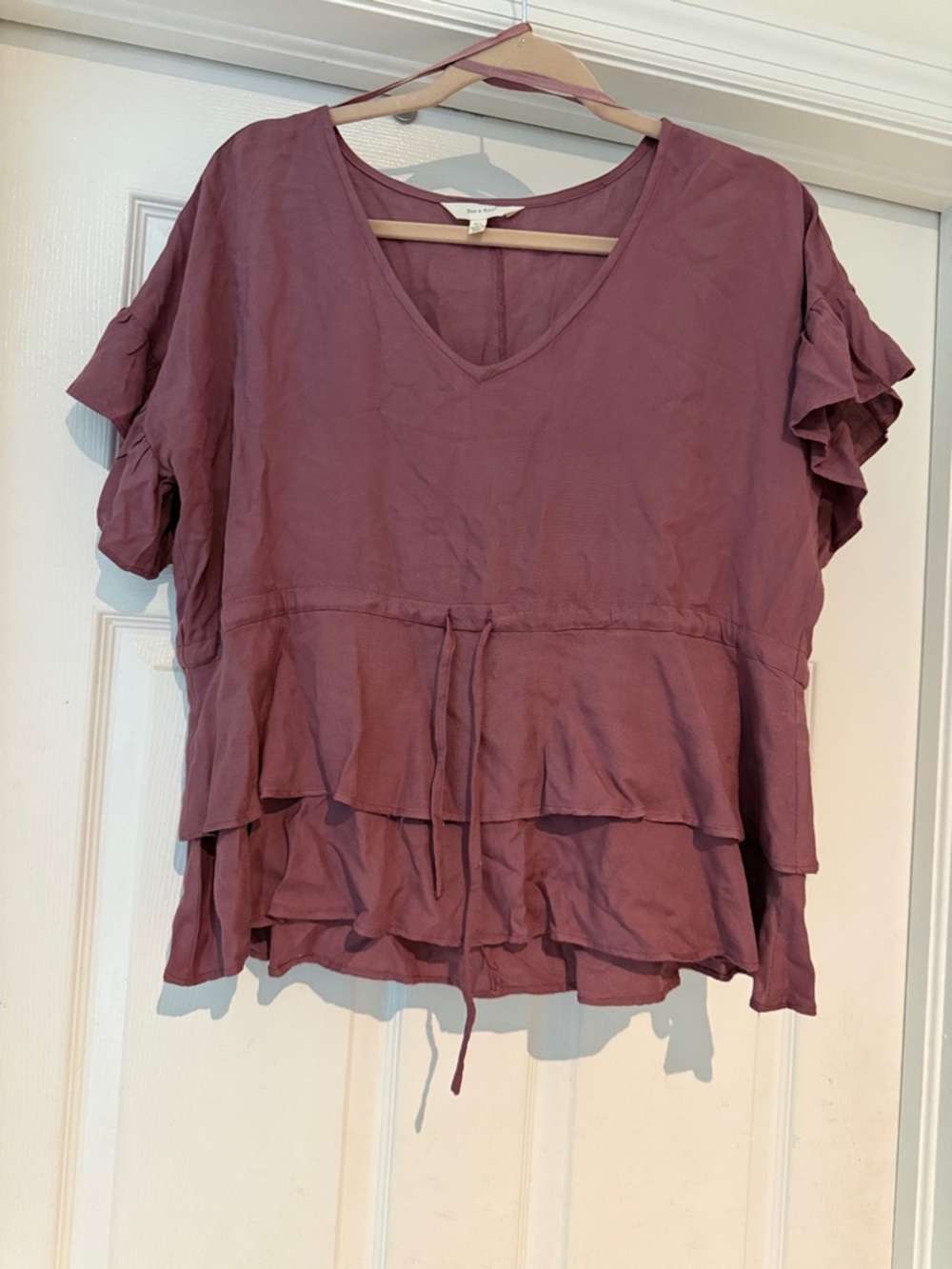 Ruffled V-Neck Peplum Blouse in Mauve